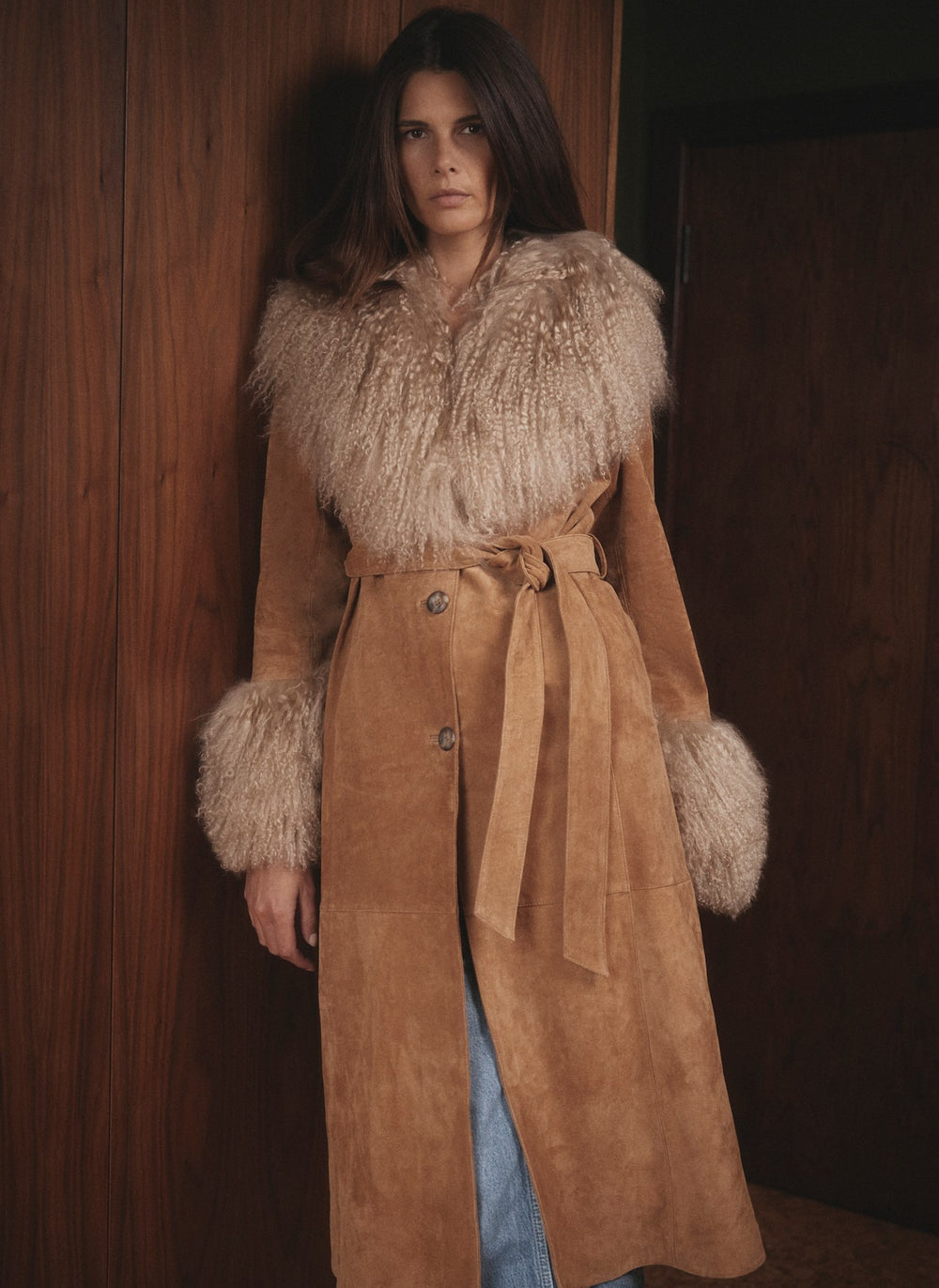 Tan Suede Mongolian Fur Trim Coat