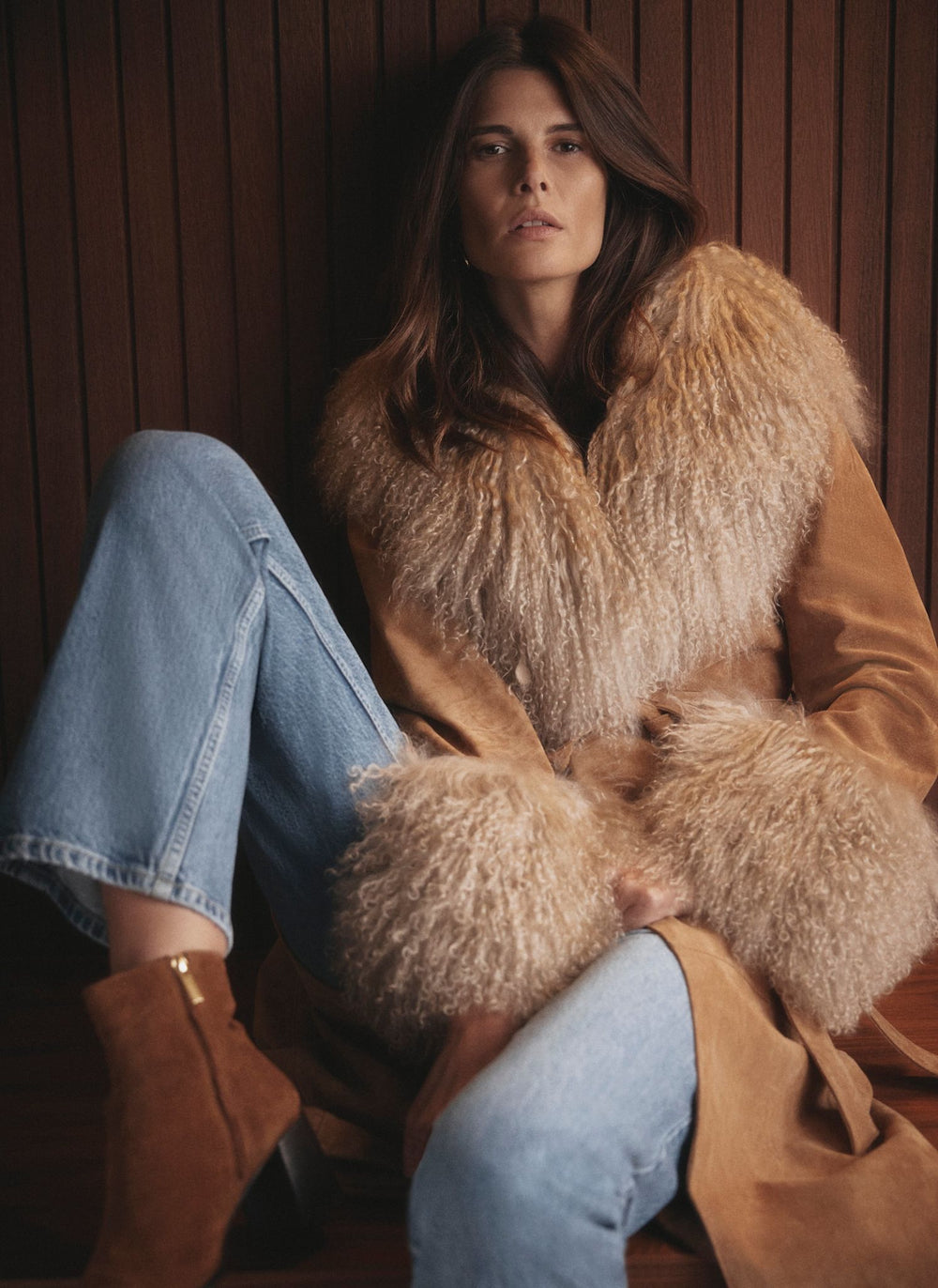 Tan Suede Mongolian Fur Trim Coat
