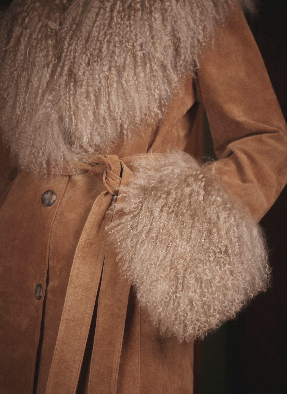 Tan Suede Mongolian Fur Trim Coat