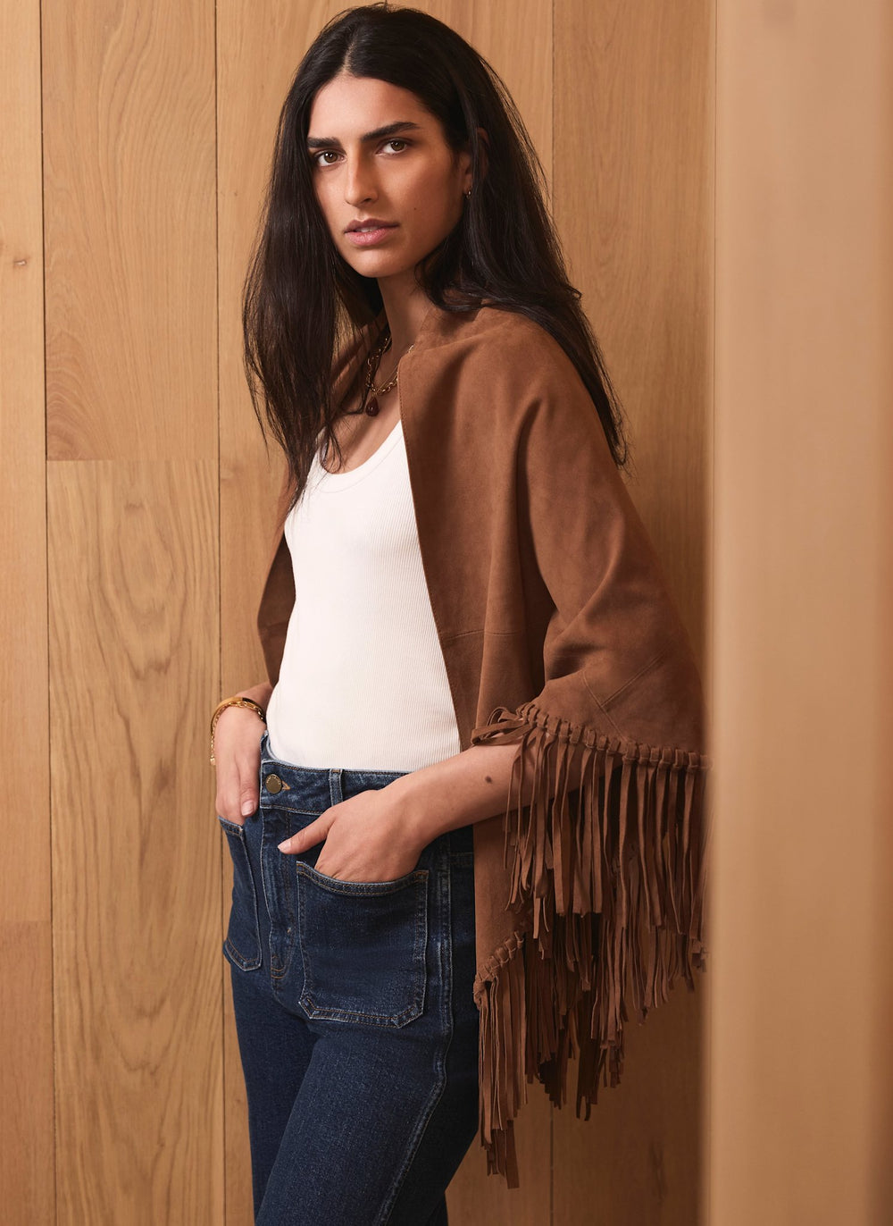 Tan Suede Fringed Shawl