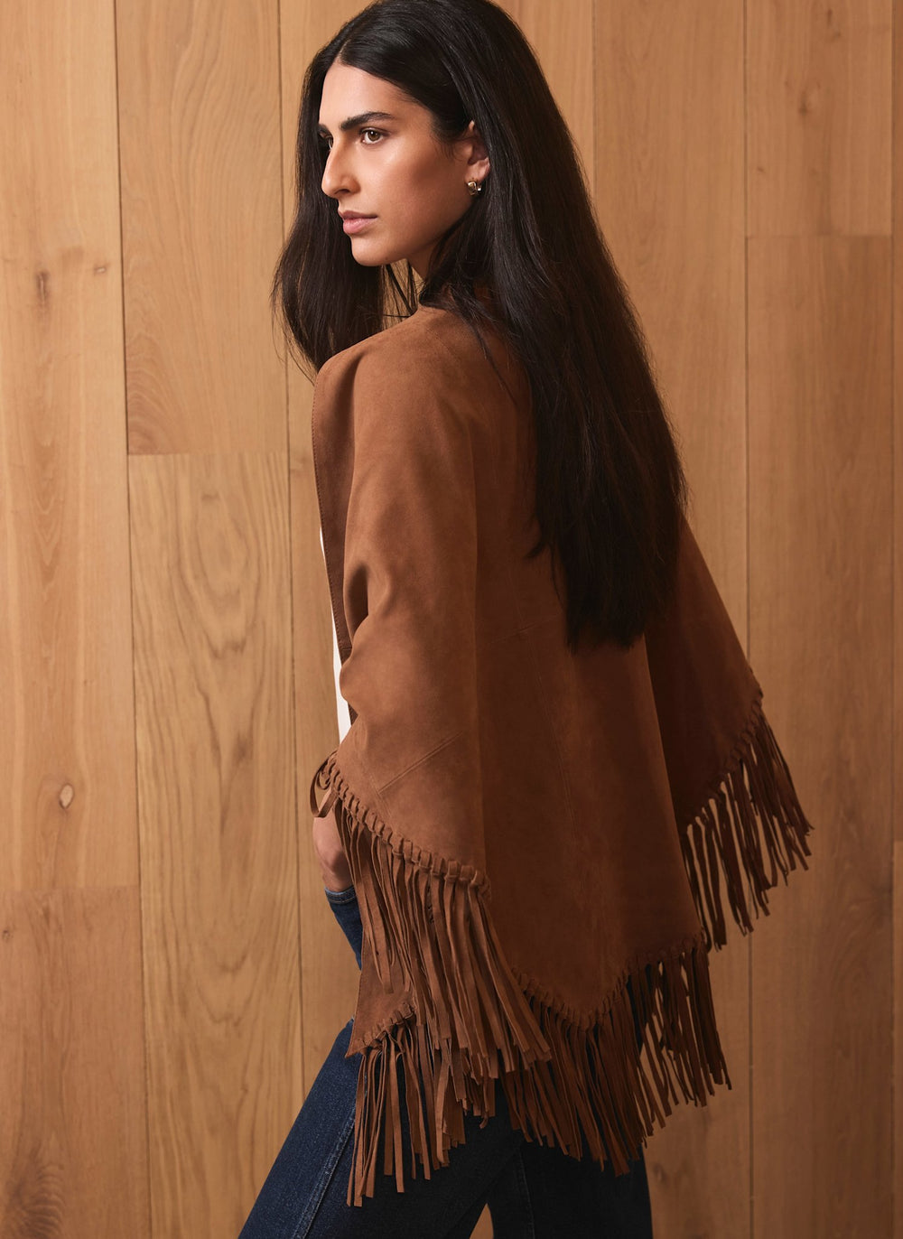 Tan Suede Fringed Shawl