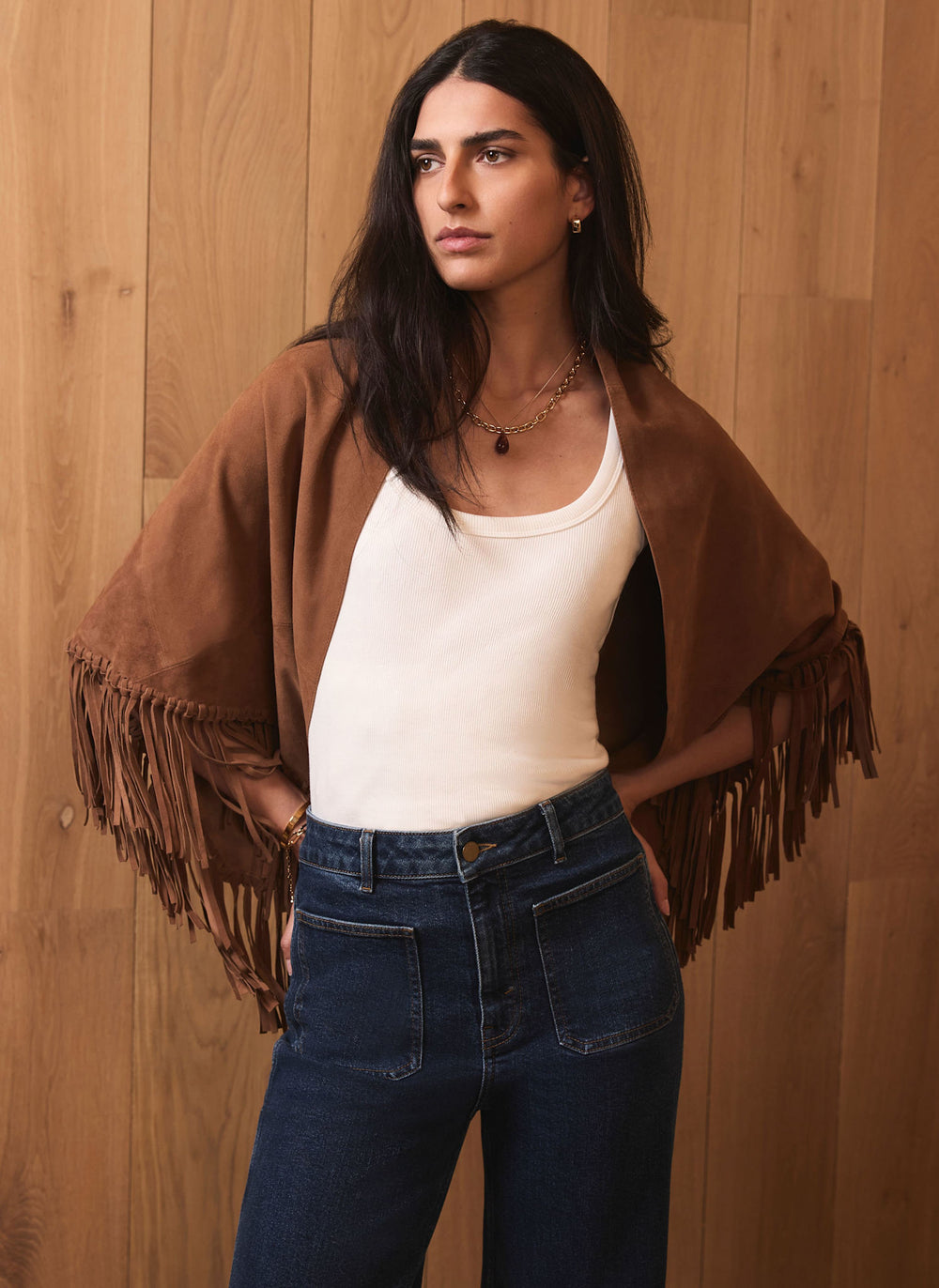 Tan Suede Fringed Shawl