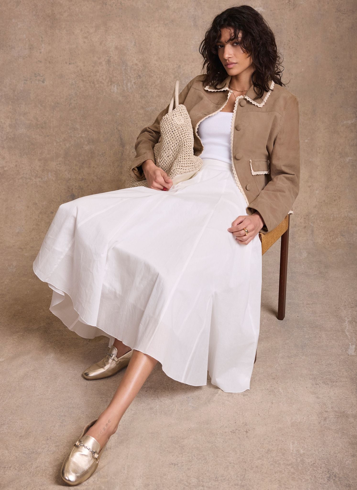 Neutral Suede Crochet Trim Jacket – Mint Velvet