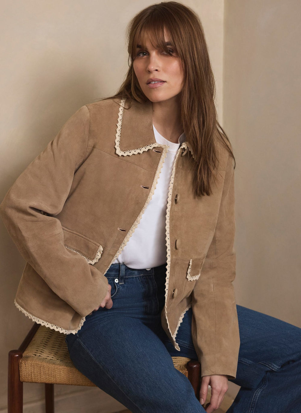 Neutral Suede Crochet Trim Jacket
