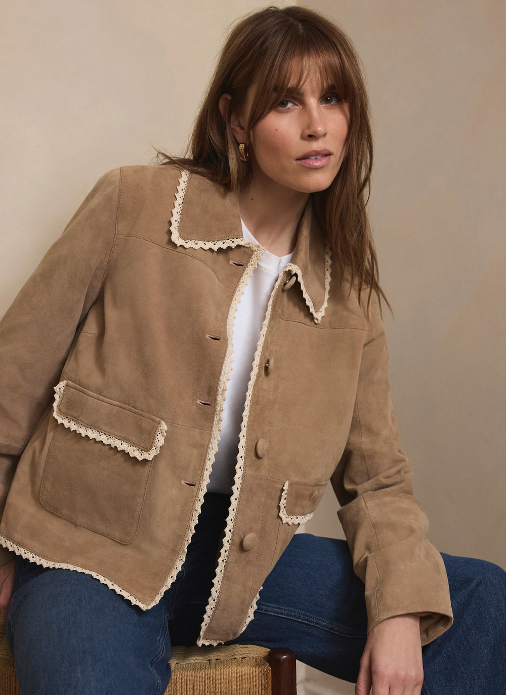 Neutral Suede Crochet Trim Jacket