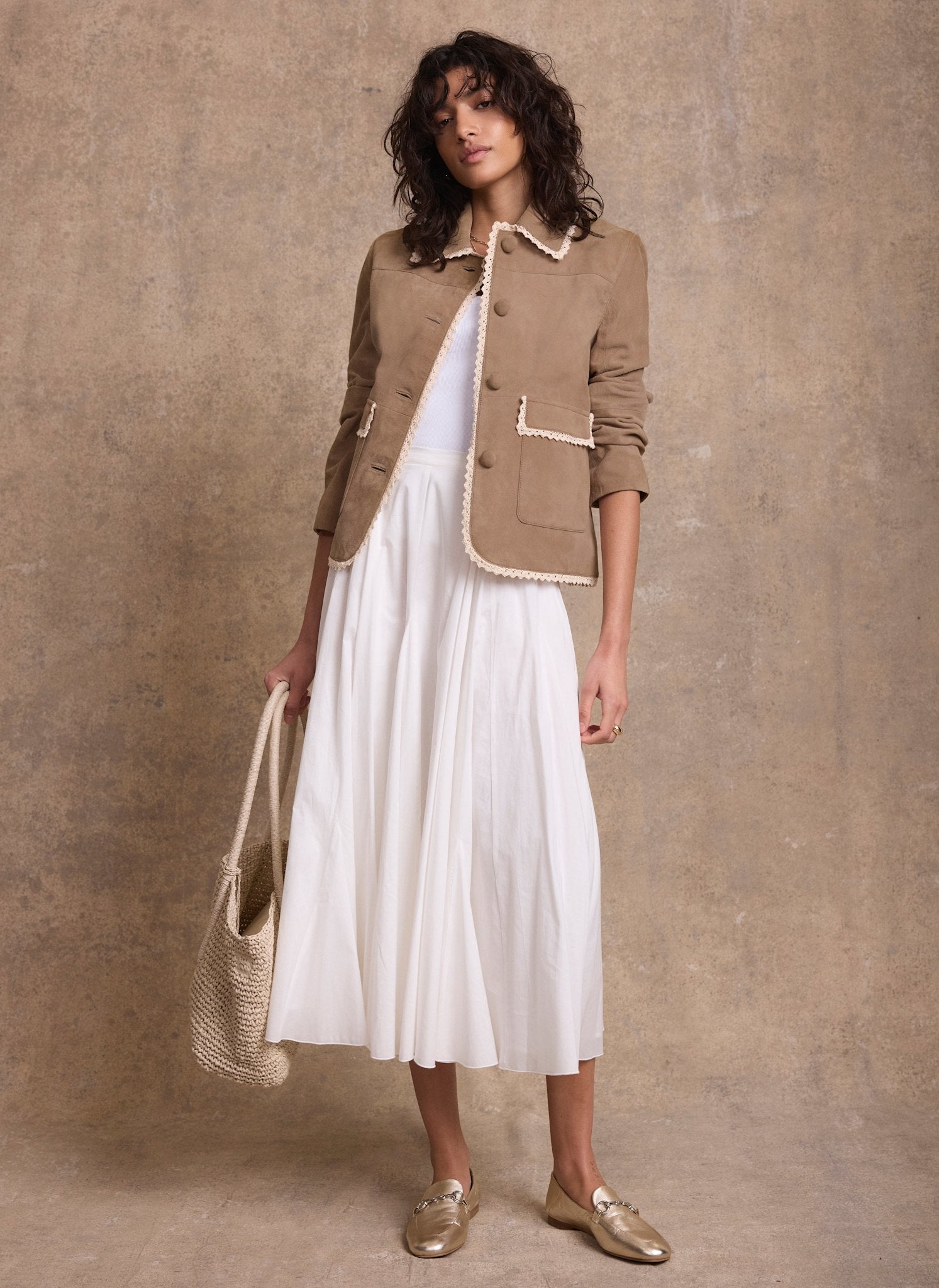 Neutral Suede Crochet Trim Jacket – Mint Velvet