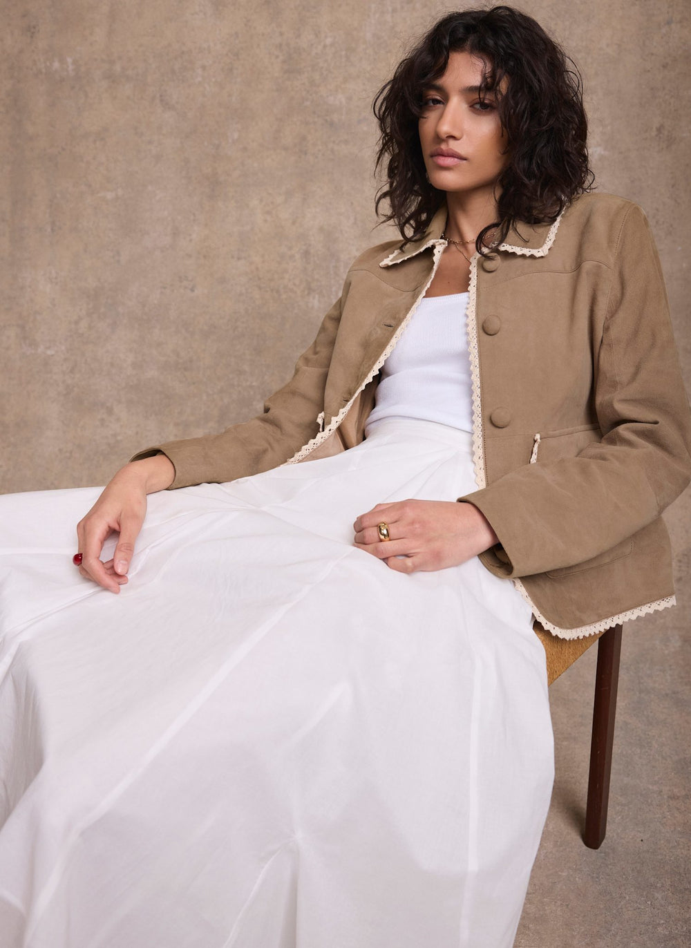 Neutral Suede Crochet Trim Jacket