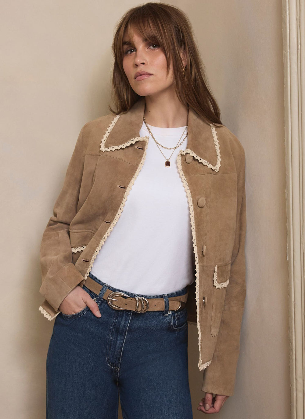 Neutral Suede Crochet Trim Jacket