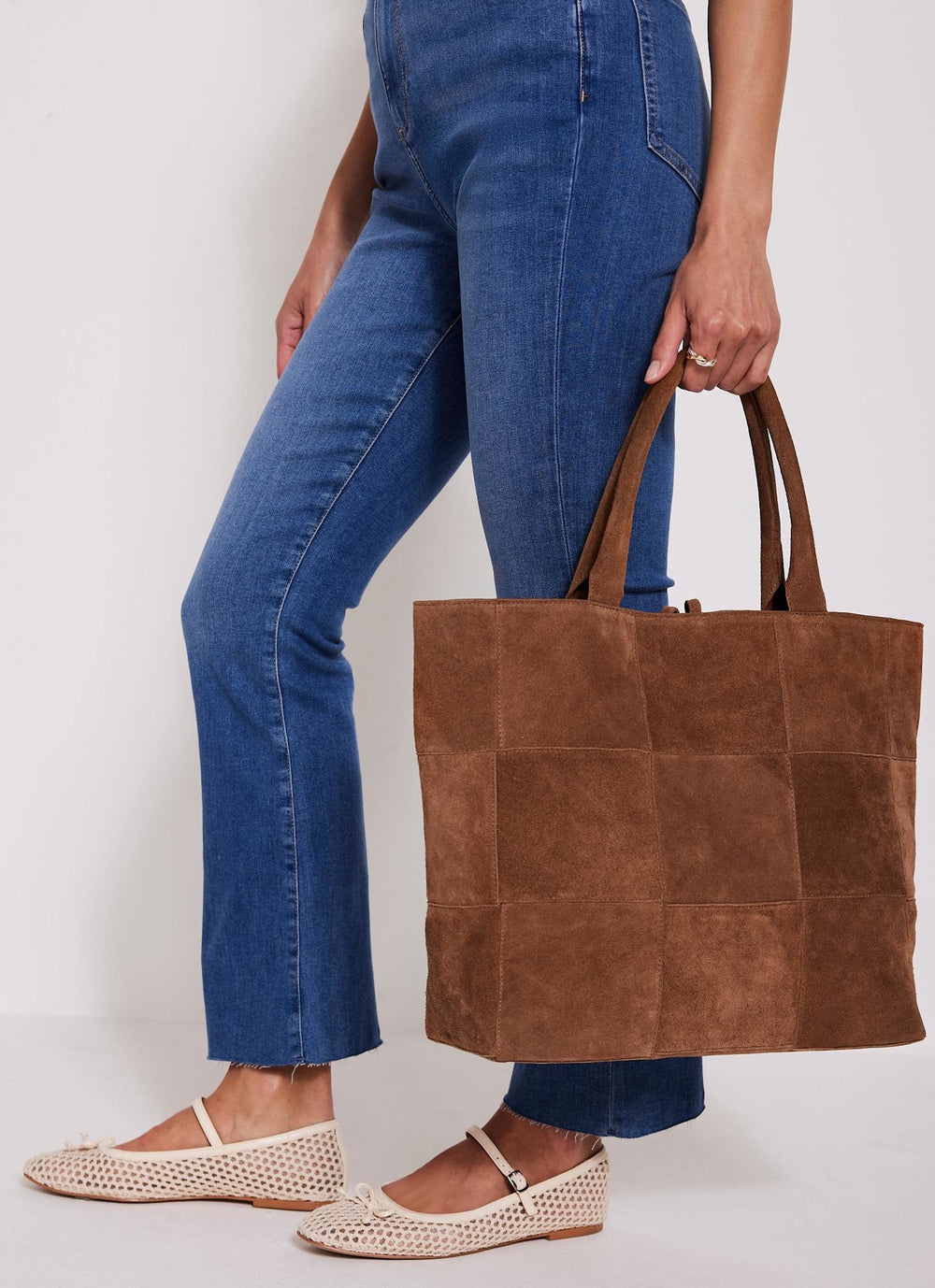 Mia Tan Suede Woven Tote Bag