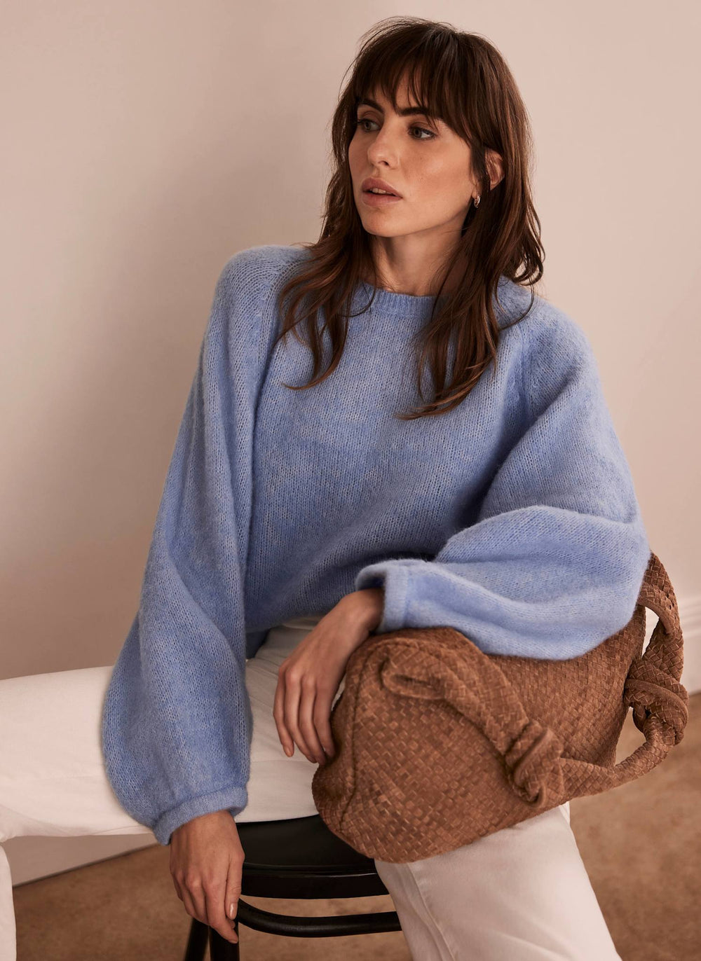 Nora Tan Woven Suede Knot Detail Bag