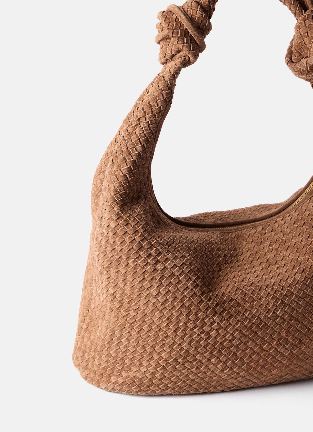 Nora Tan Woven Suede Knot Detail Bag