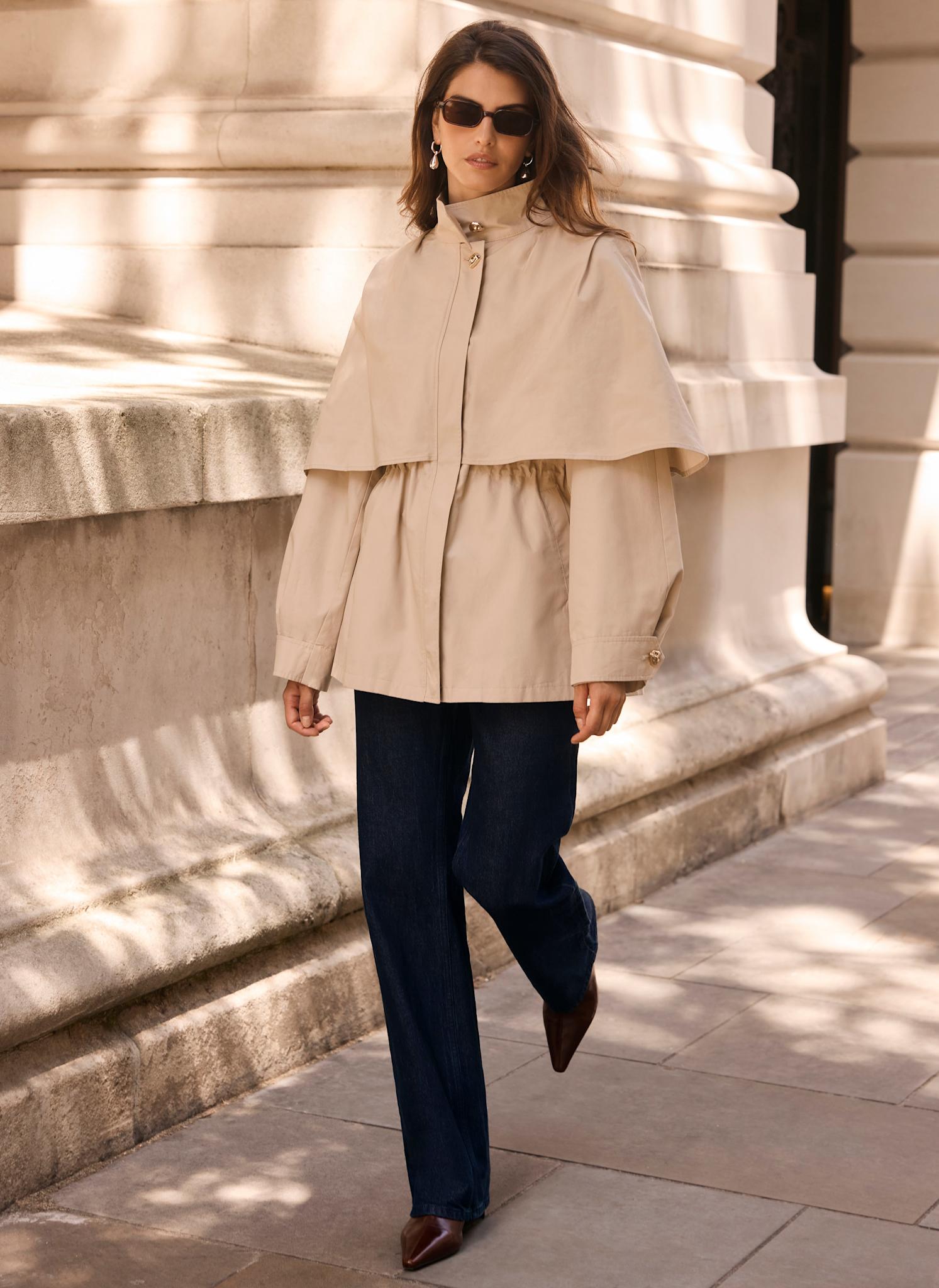 Neutral Cotton Cape Trench Jacket – Mint Velvet