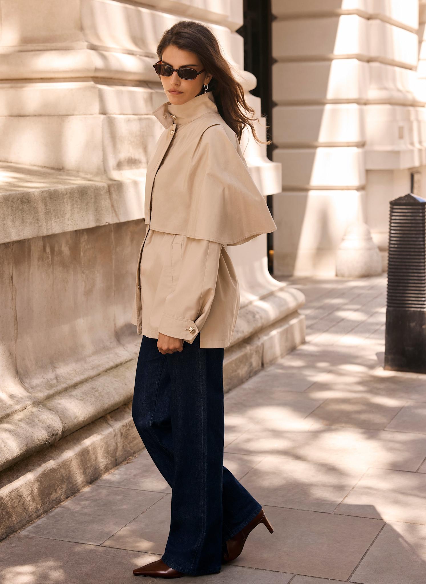 Neutral Cotton Cape Trench Jacket – Mint Velvet