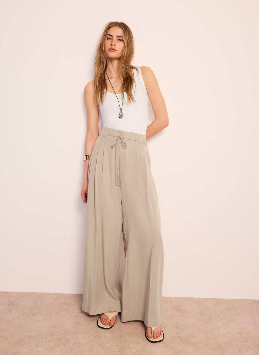 Neutral Tie Waist Wide Trousers