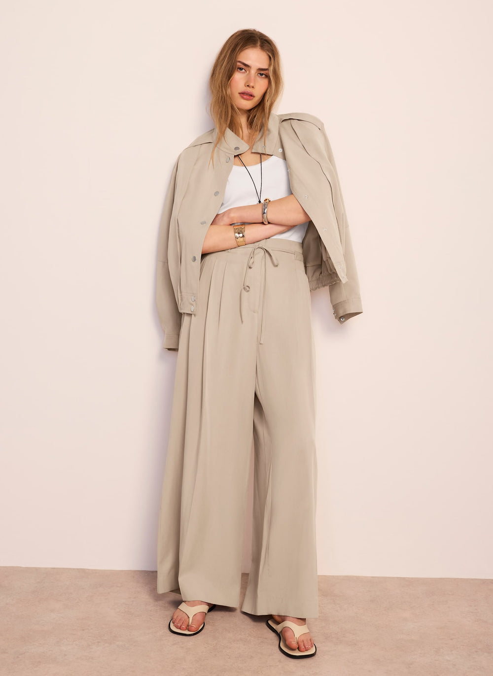 Neutral Tie Waist Wide Trousers