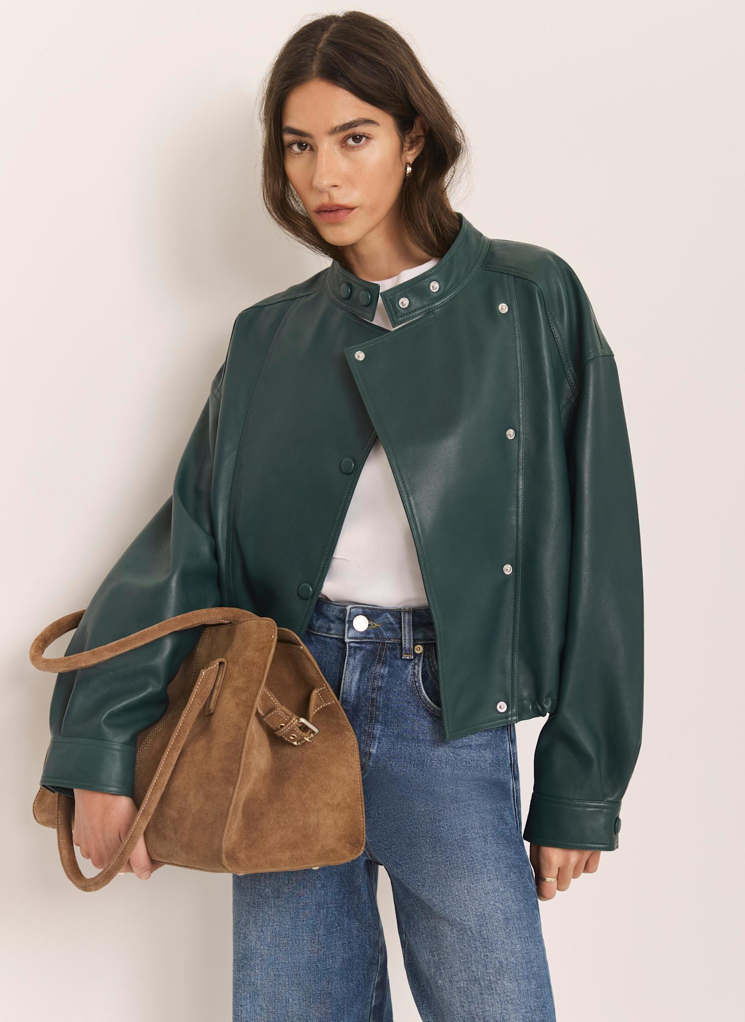 Teal Leather Cropped Pilot Bomber Jacket – Mint Velvet