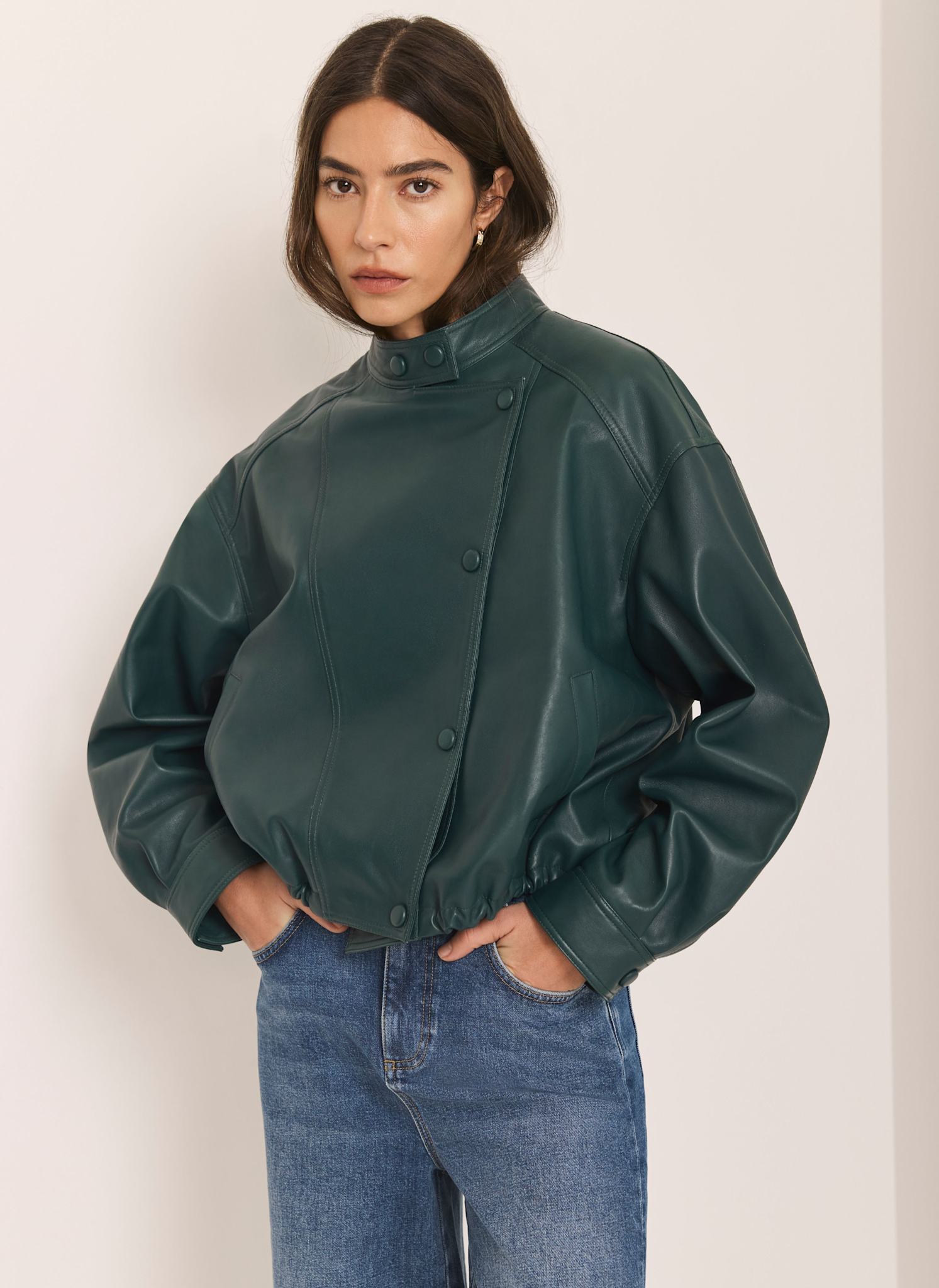 Teal Leather Cropped Pilot Bomber Jacket – Mint Velvet
