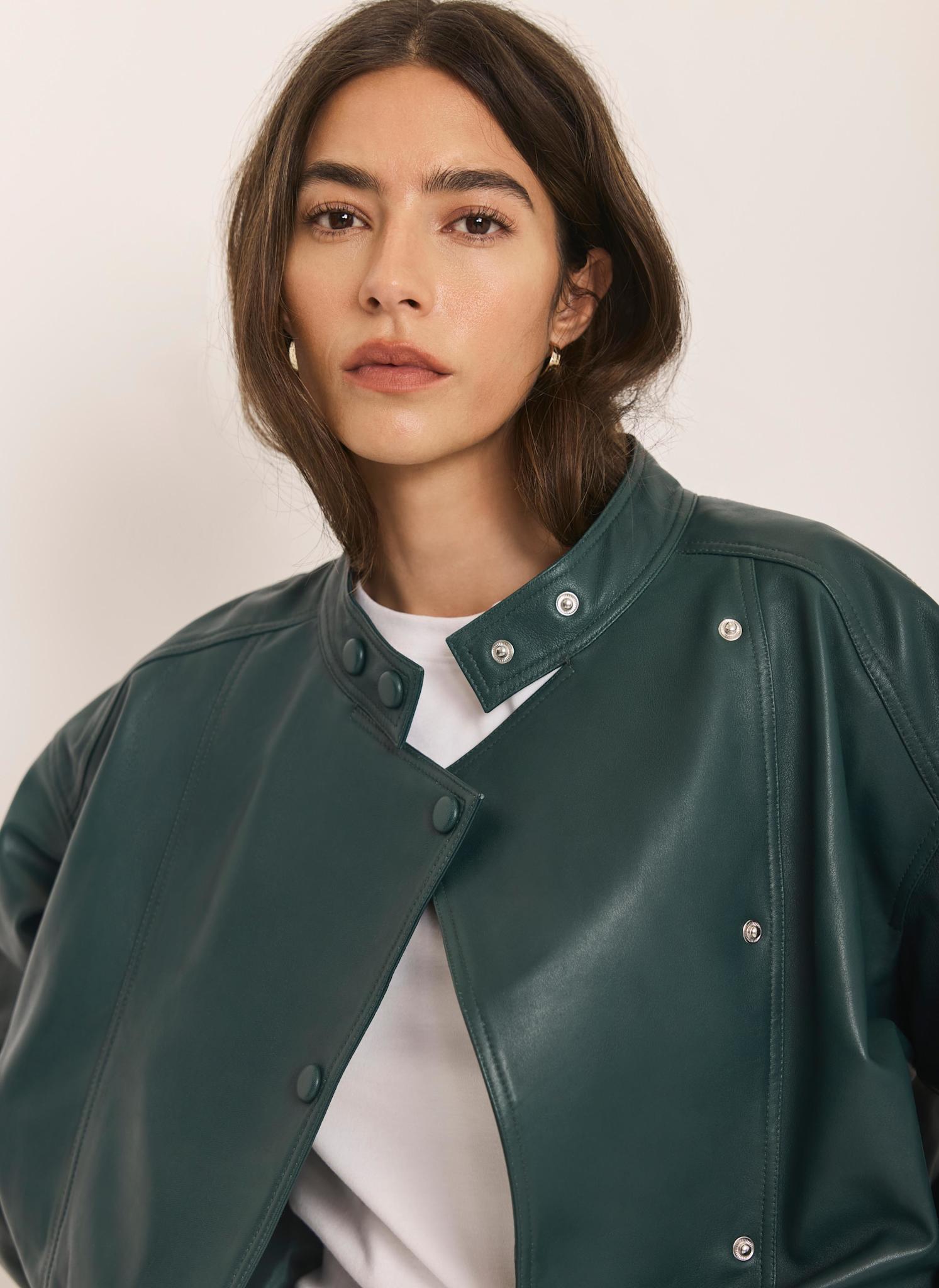 Teal Leather Cropped Pilot Bomber Jacket – Mint Velvet