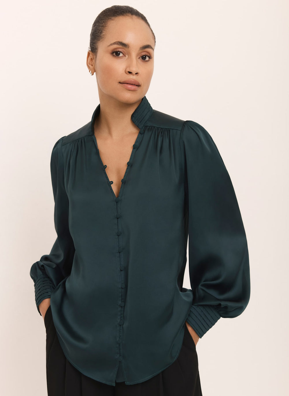 Teal Satin Long Sleeve Blouse