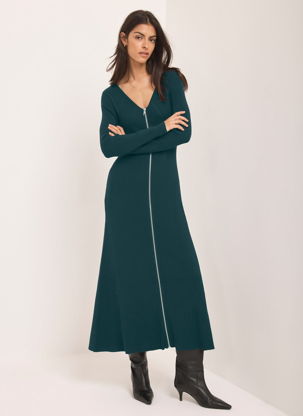 Teal Knit Zip Detail Maxi Dress
