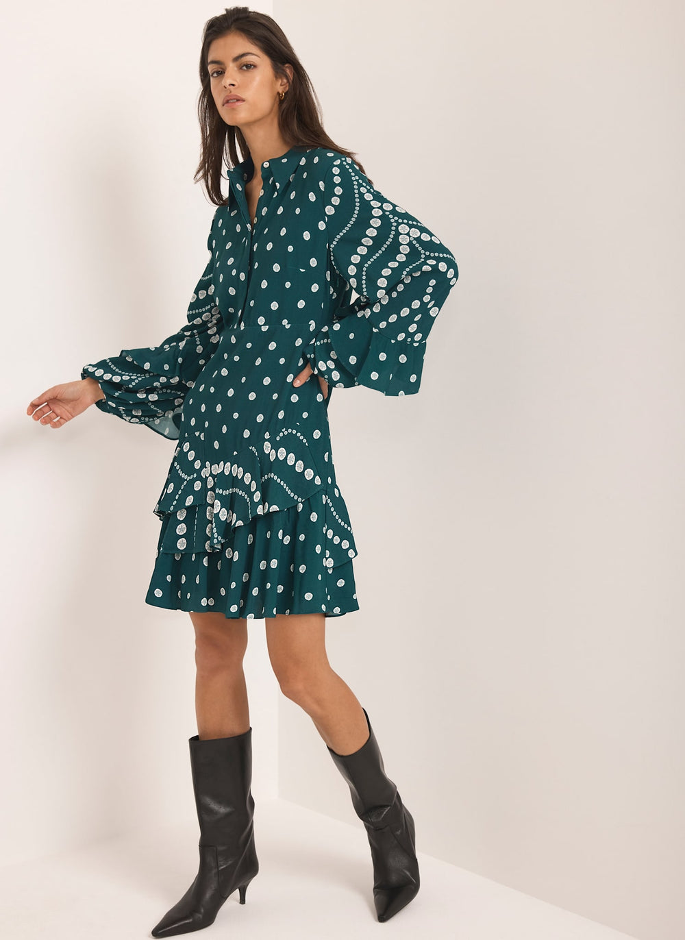Teal Printed Ruffle Mini Dress