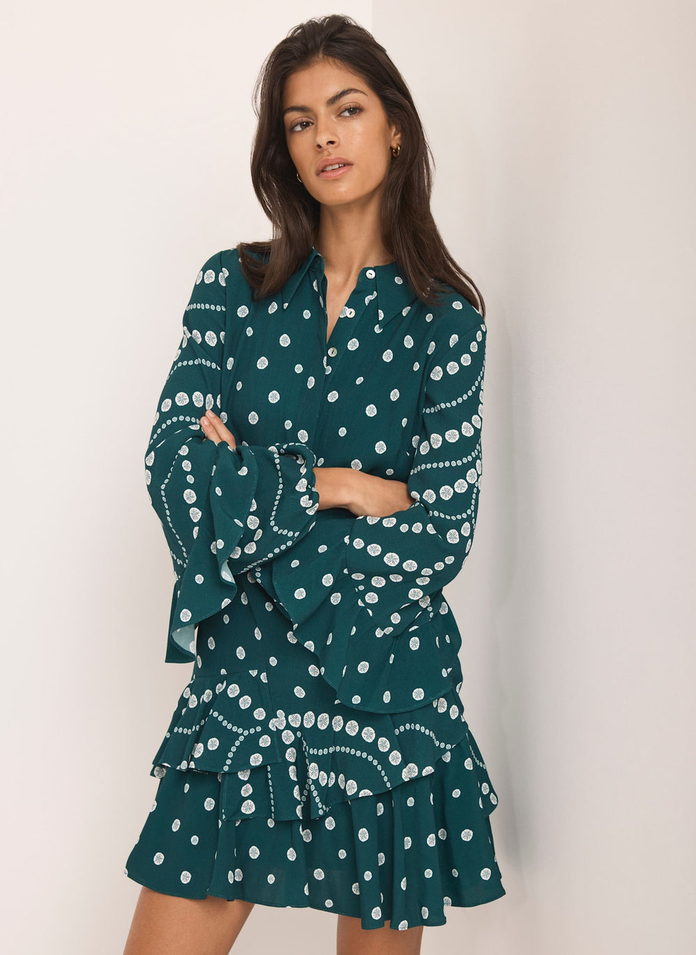 Teal Printed Ruffle Mini Dress