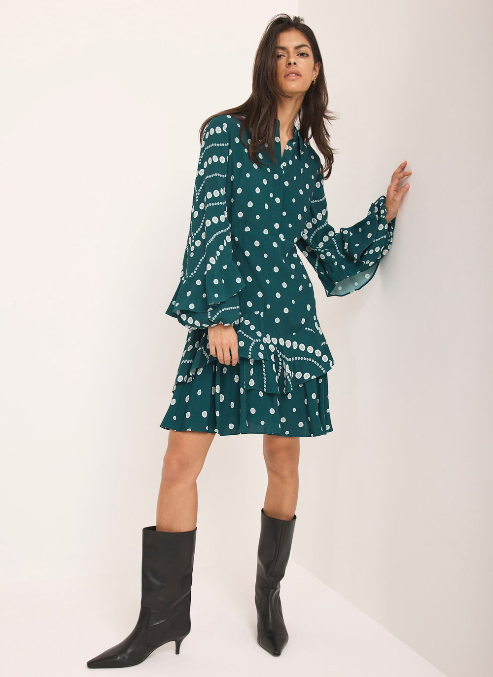 Teal Printed Ruffle Mini Dress