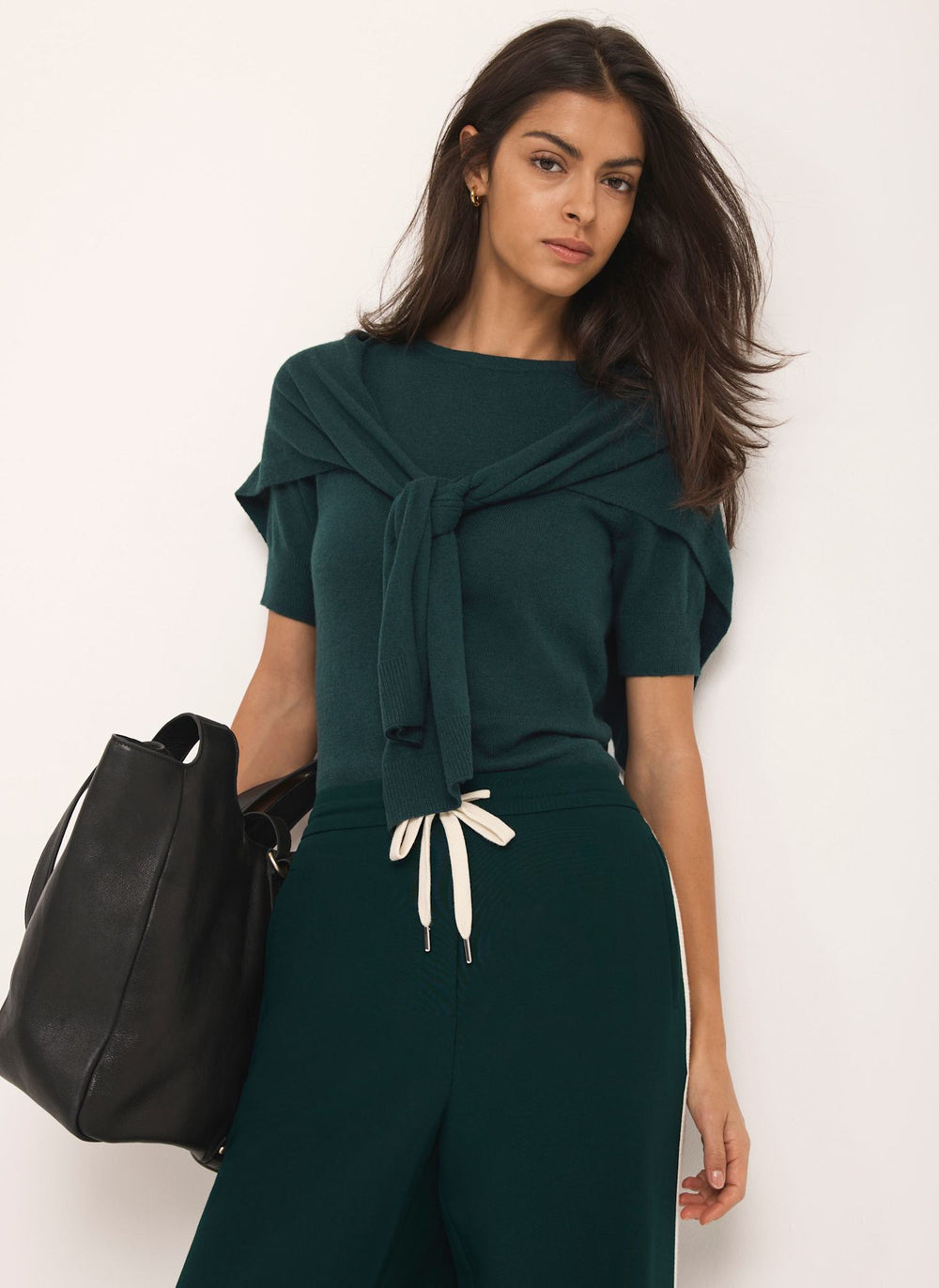 Teal Cotton Blend Scarf Detail Knit Top