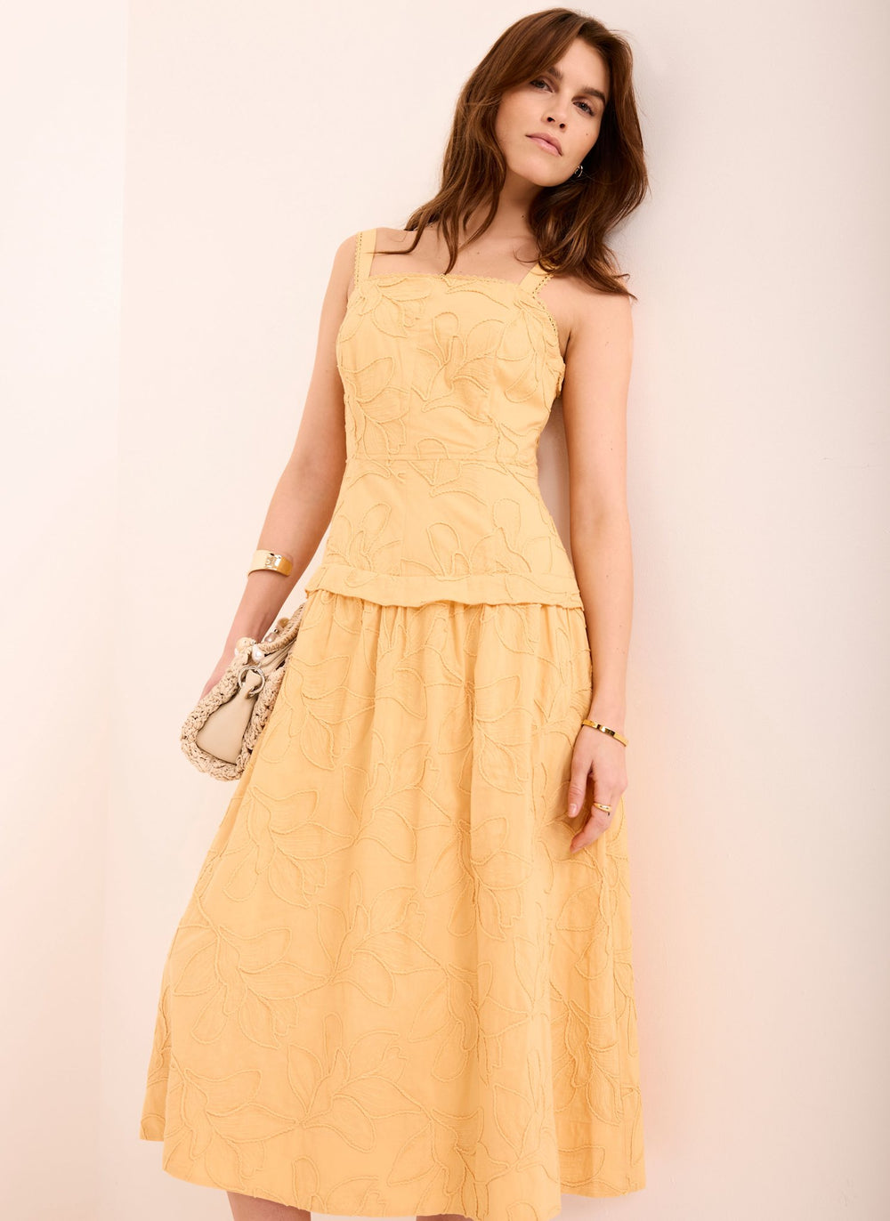 Yellow Cotton Floral Midi Dress