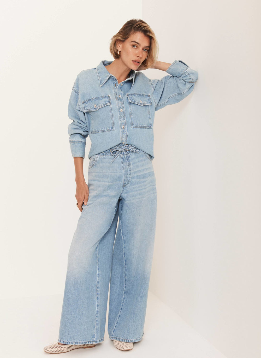 Light Indigo Wide Leg Tie Waist Jeans