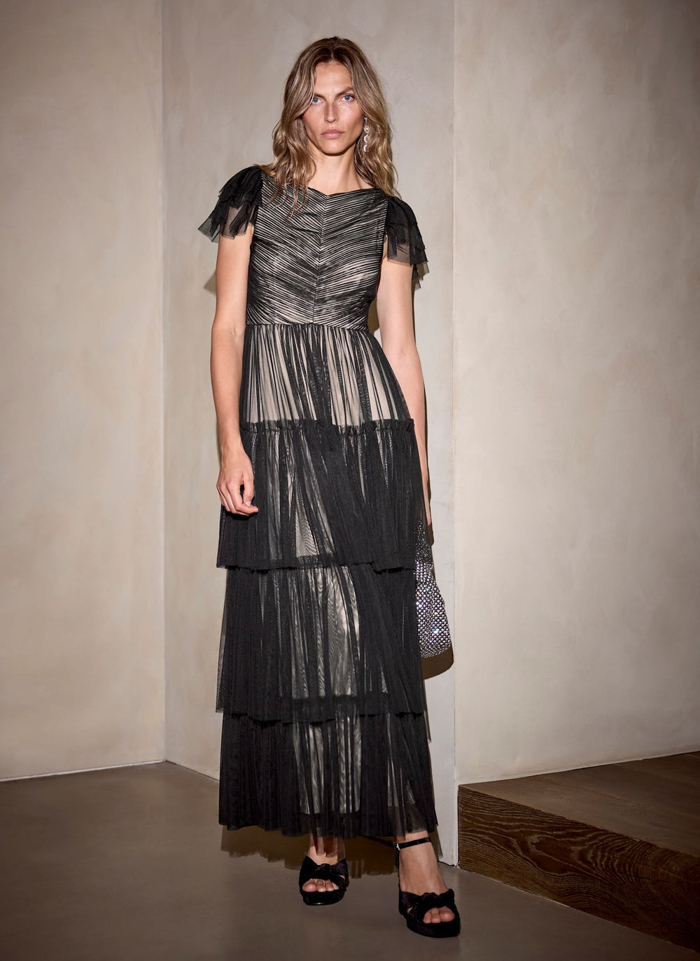 Black Layered Tulle Maxi Dress