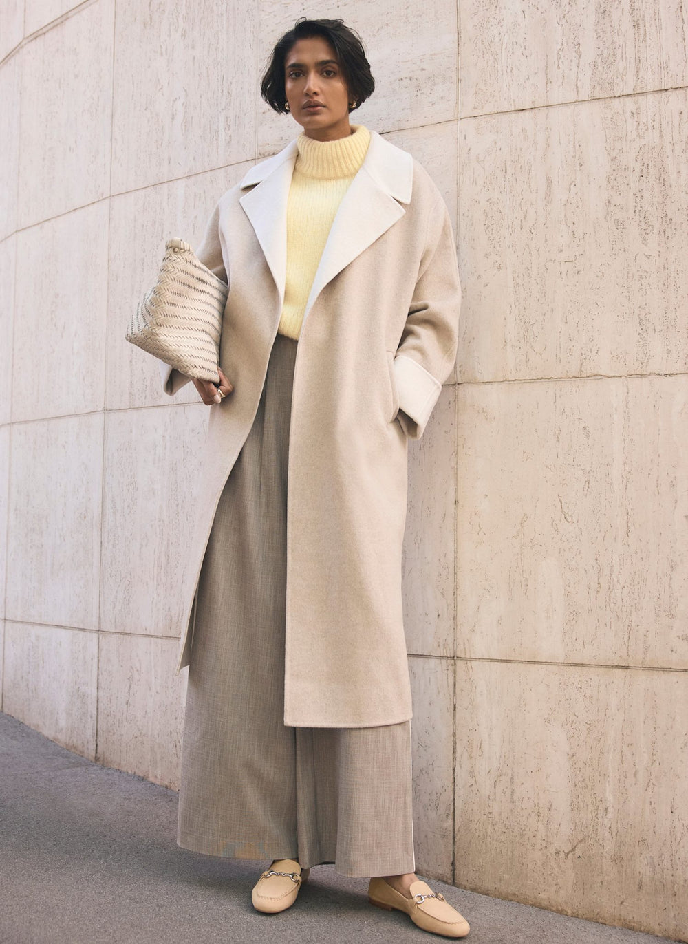 Neutral Wool Blend Double Breasted Coat