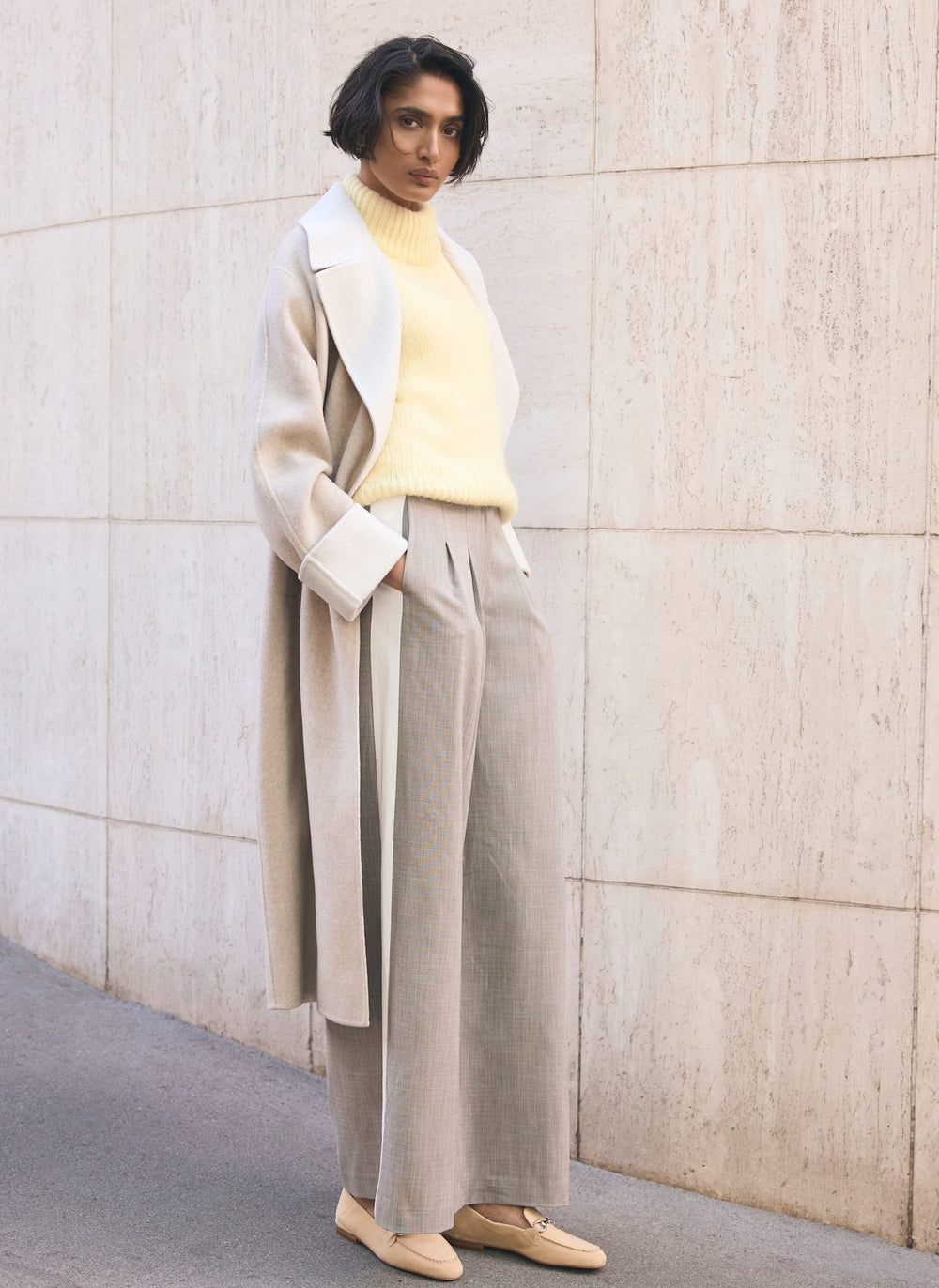 Neutral Wool Blend Double Breasted Coat