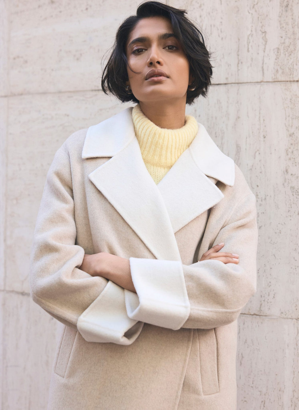 Neutral Wool Blend Double Breasted Coat