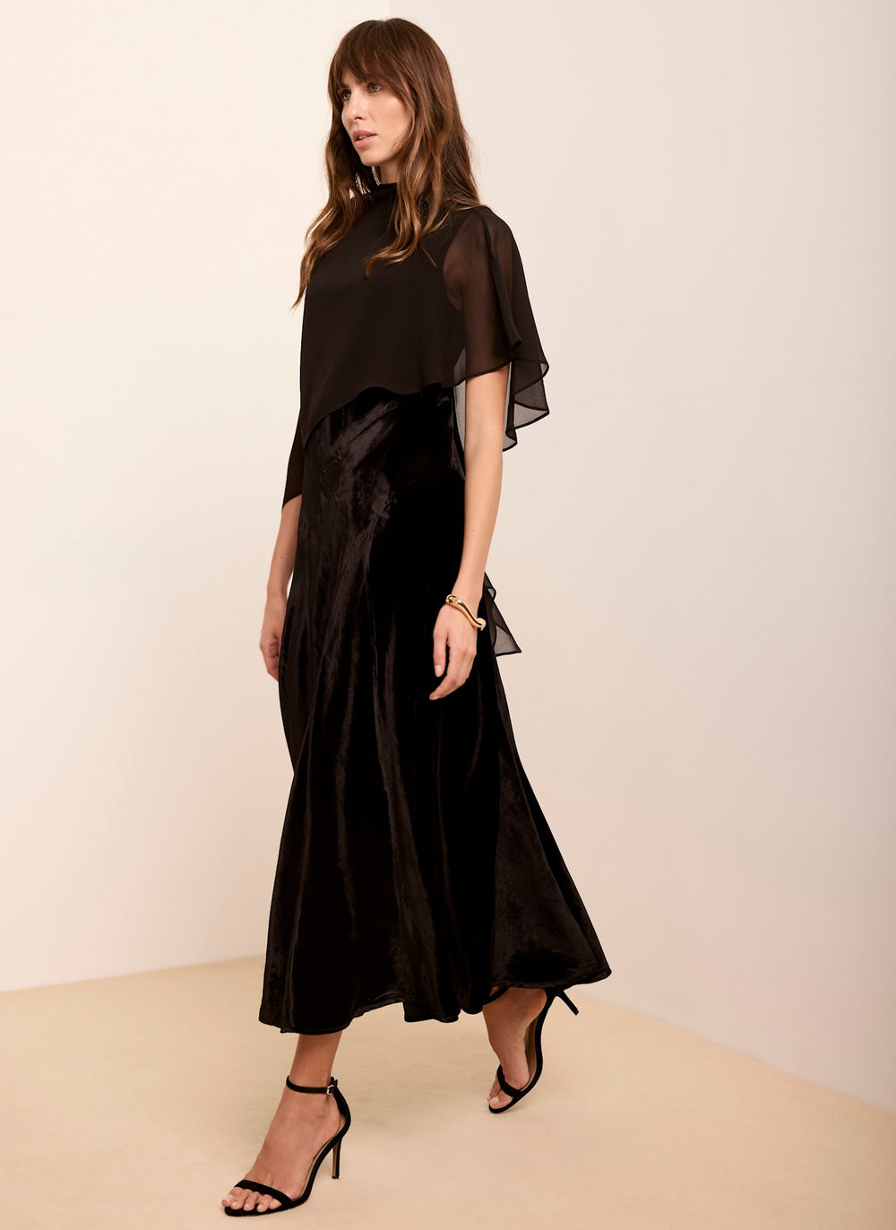 Black Velvet Cape Detail Maxi Dress