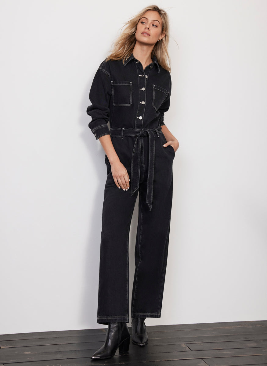 Black Contrast Stitch Denim Jumpsuit – Mint Velvet