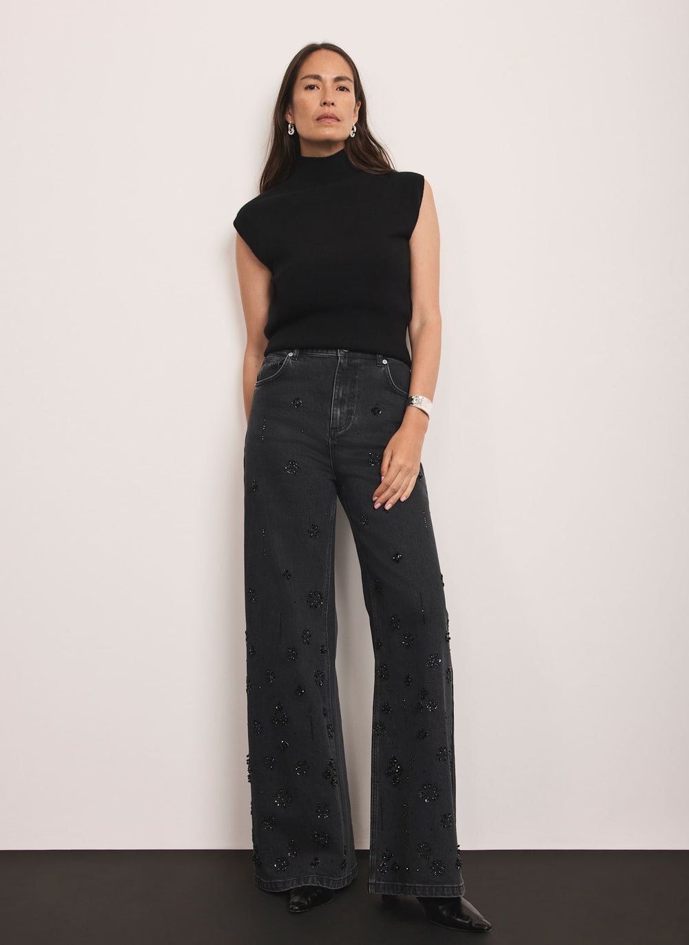 Washed Black Embellished Wide Jeans