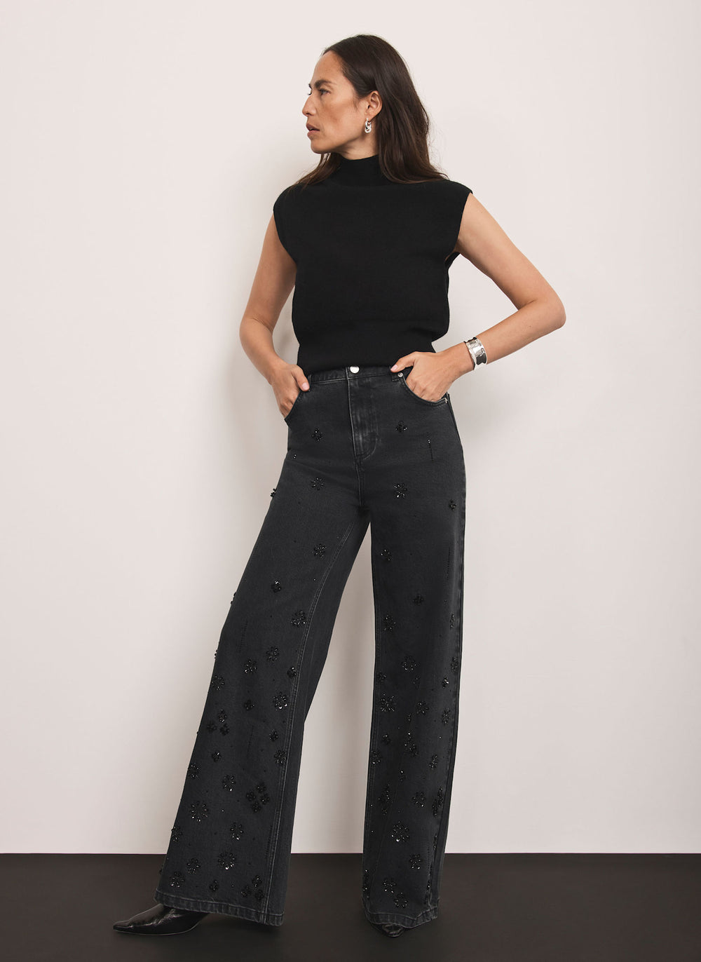 Washed Black Embellished Wide Jeans