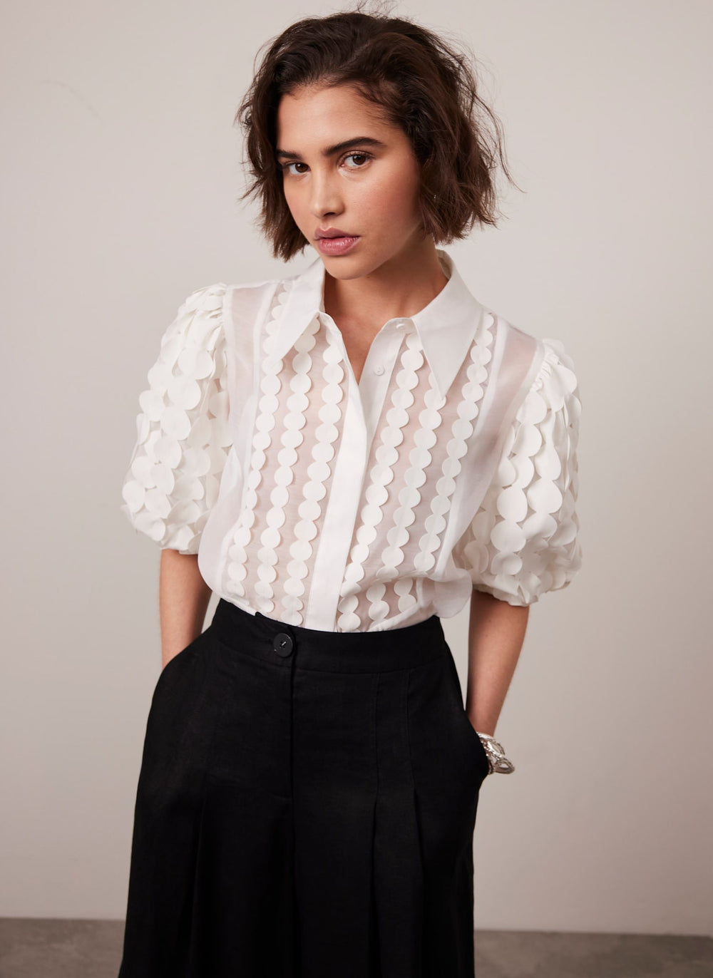 White Organza Puff Sleeve Shirt
