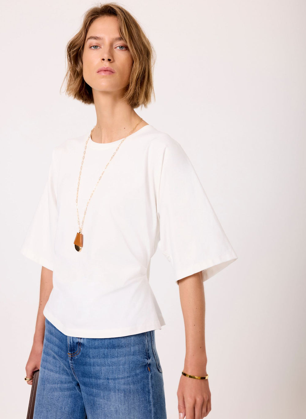 White Cotton Ruched Waist T-Shirt