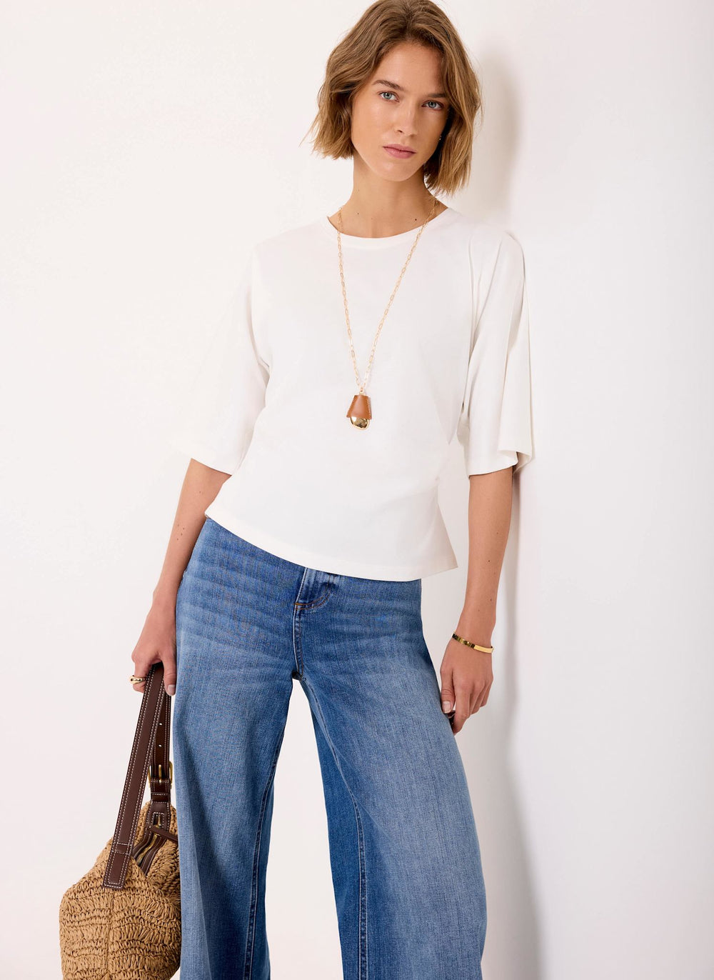 White Cotton Ruched Waist T-Shirt