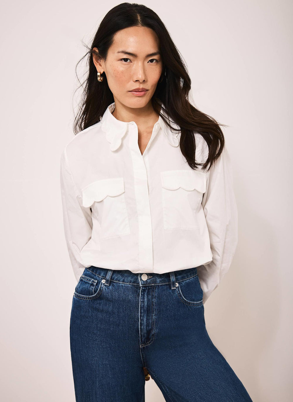 White Cotton Scallop Detail Shirt