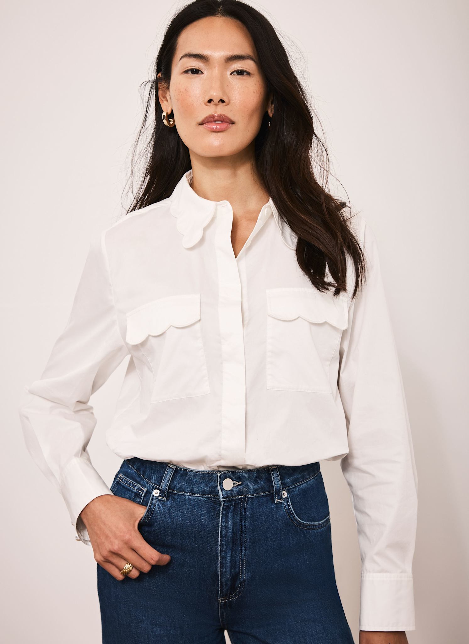 White Cotton Scallop Detail Shirt – Mint Velvet