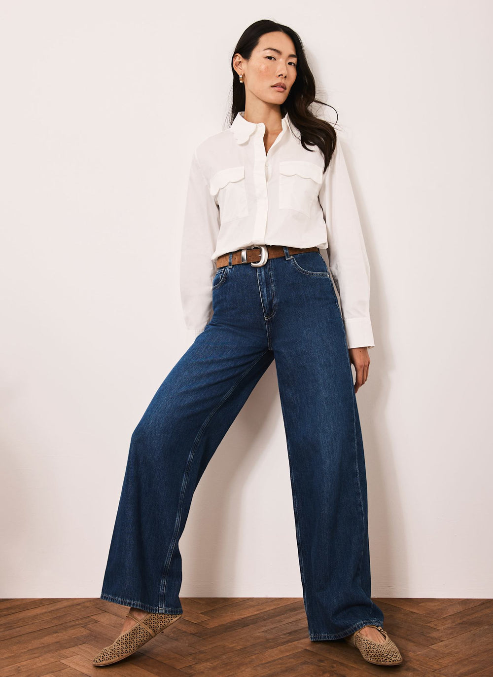 White Cotton Scallop Detail Shirt
