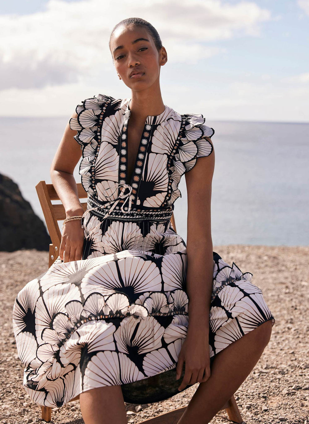 White Cotton Shell Print Midi Dress