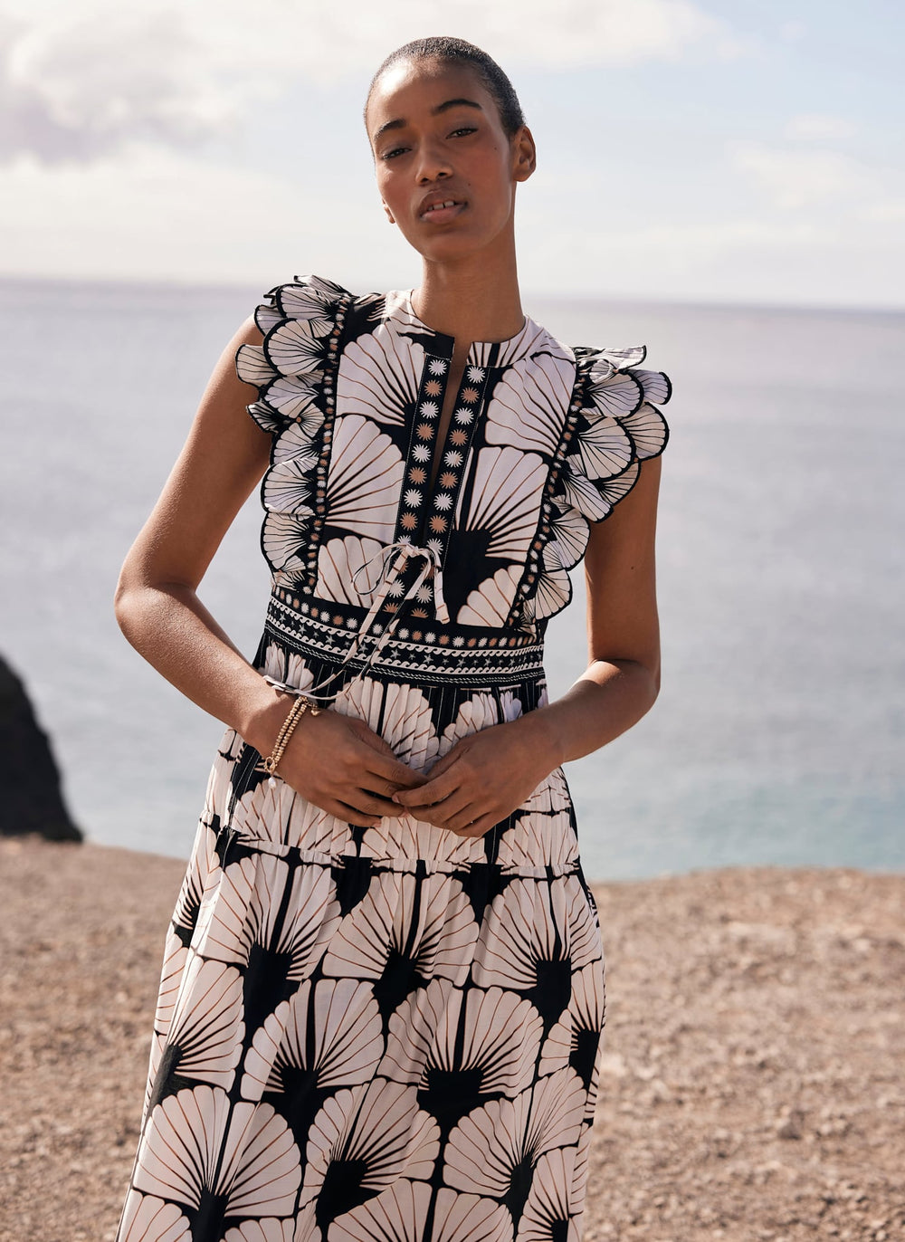 White Cotton Shell Print Midi Dress