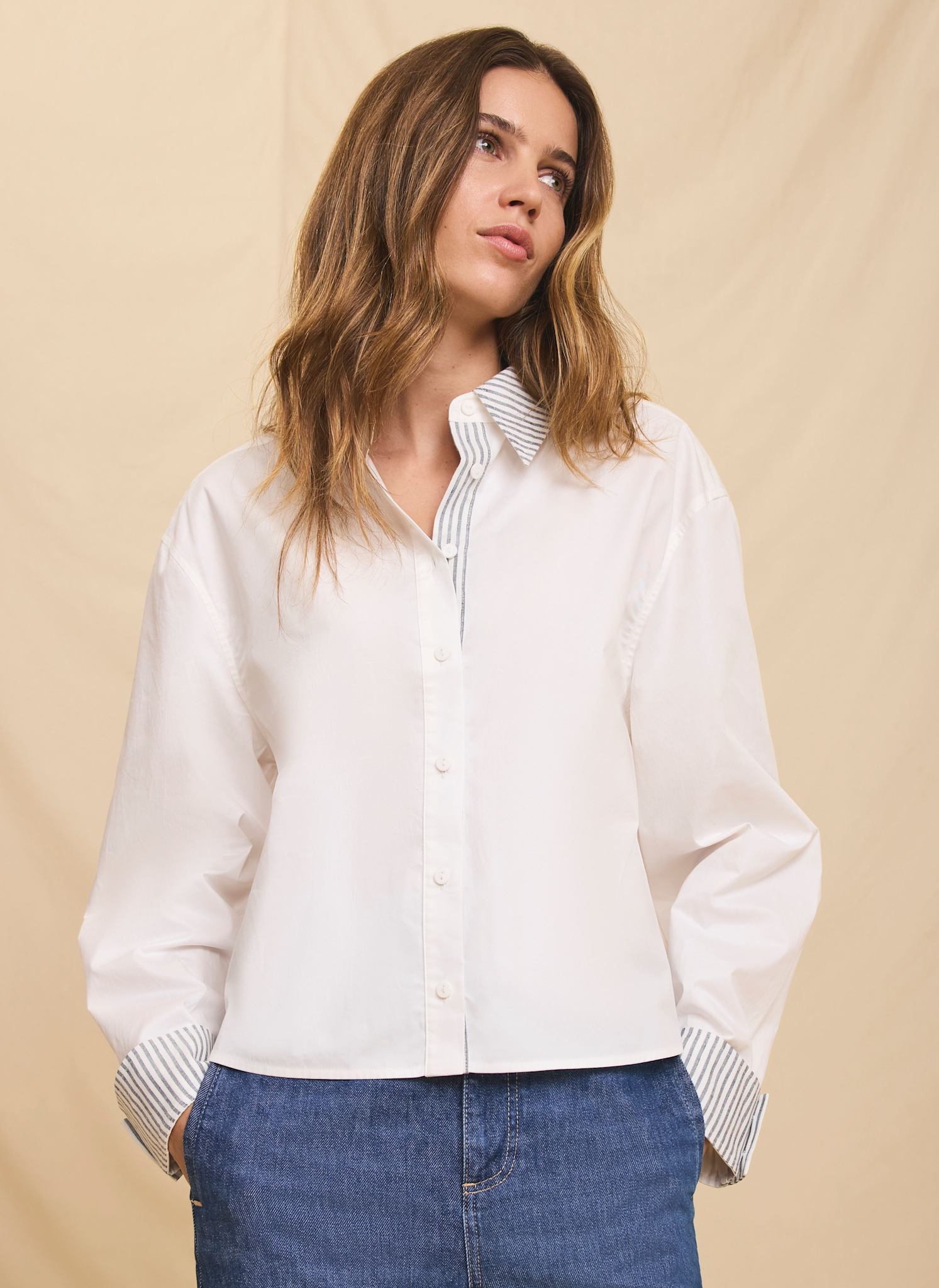 White Cotton Stripe Detail Cropped Shirt – Mint Velvet