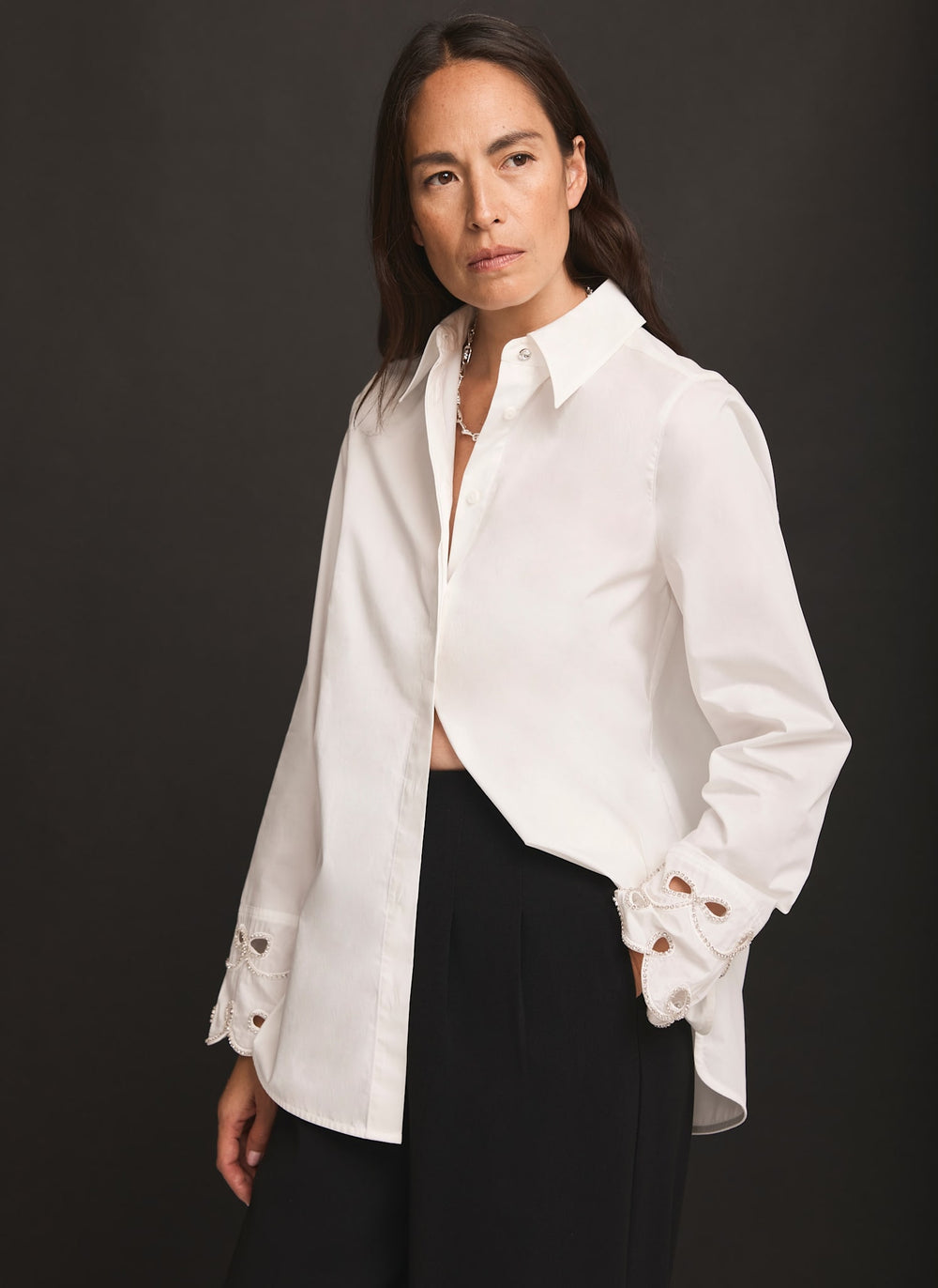 White Cotton Embellished Cuff Shirt