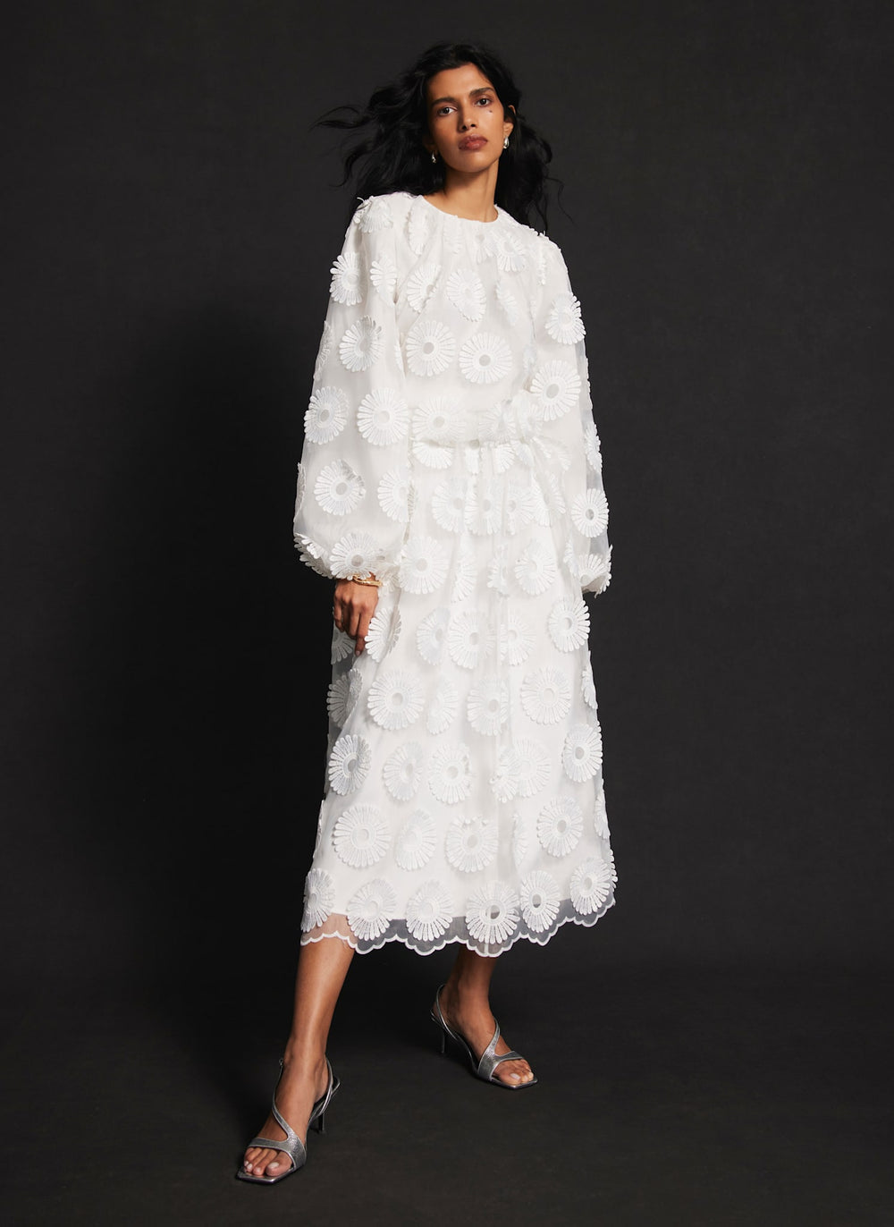 White Floral Applique Midi Skirt