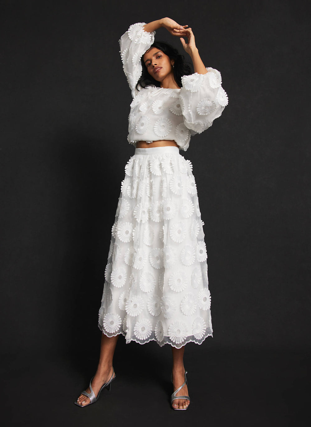 White Floral Applique Midi Skirt